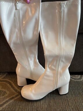 White Patent Knee-High Block Heel Boots